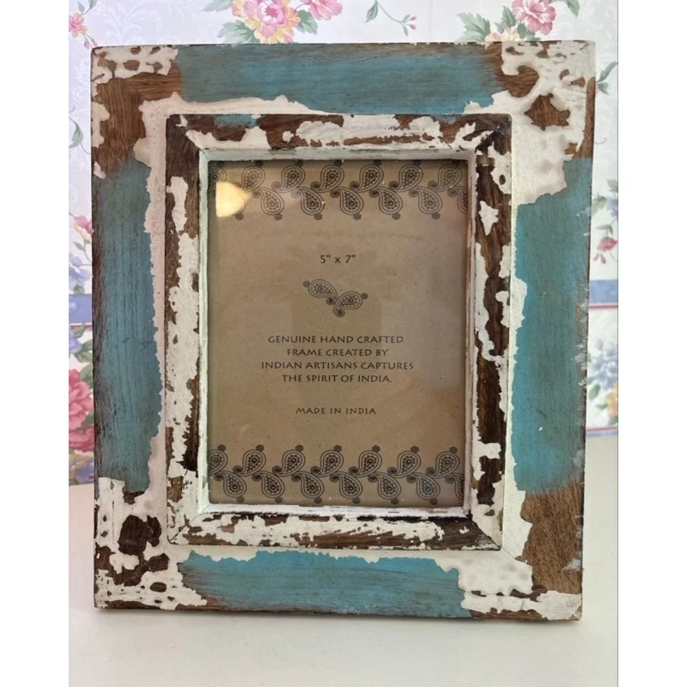 Rustic Distressed Wood 5x7 Photo Frame Turquoise White Weathered Farmhouse India